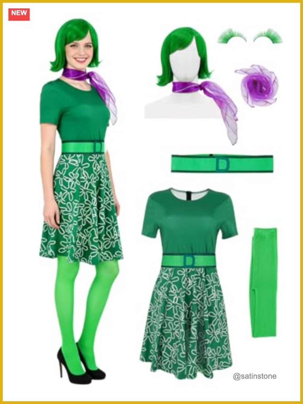 Disgust Costume Dress Set Wig Scarf Belt Tights Halloween Cosplay